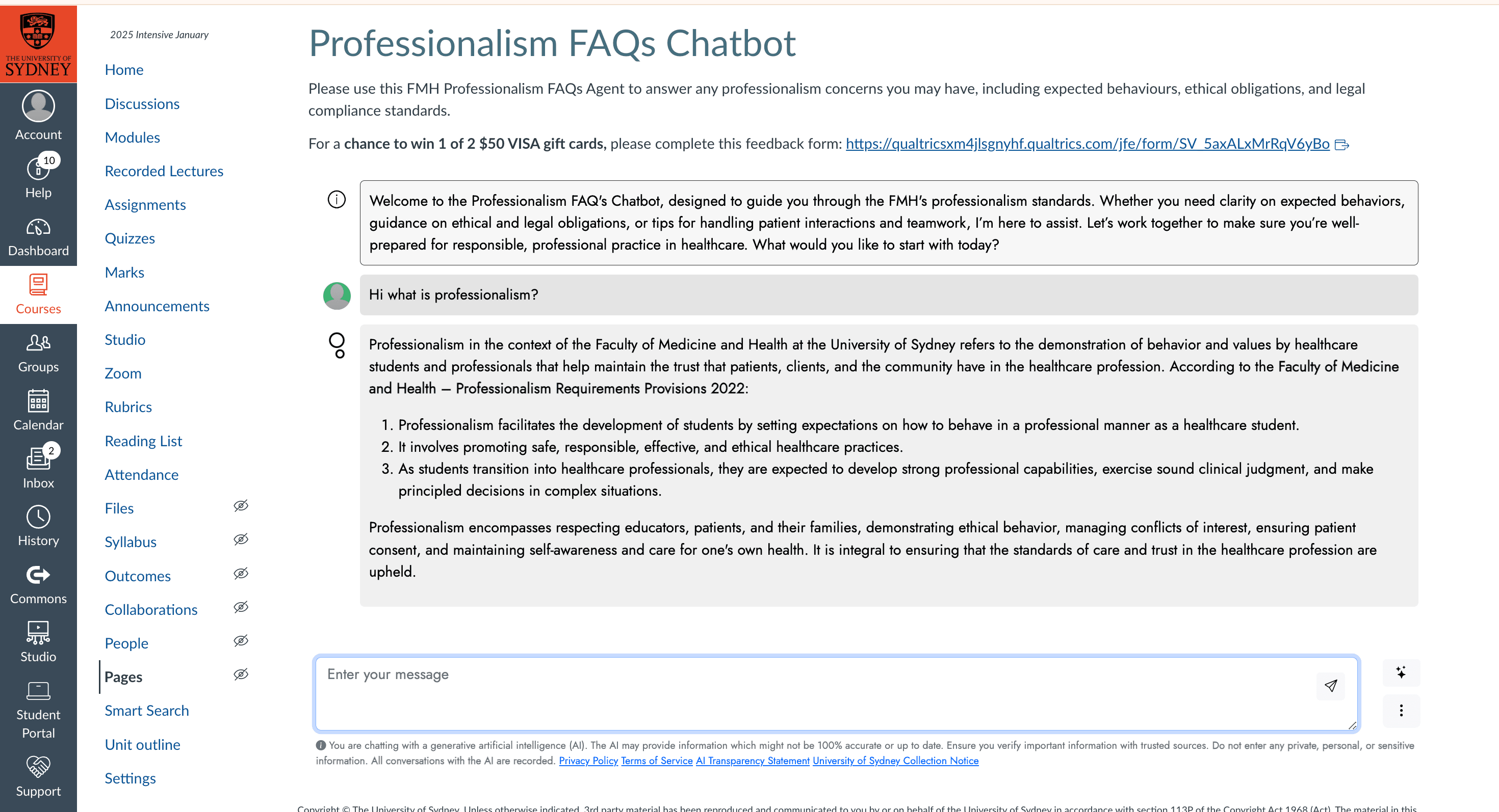 Professionalism FAQs chatbot in Canvas LMS